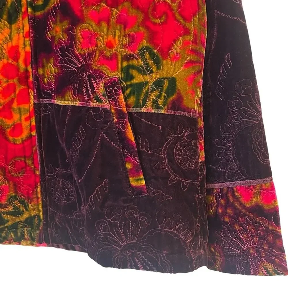 CHICOS Floral Velvet Burnout Silk Blend Patchwork Zip Jacket | Size 1 Medium
